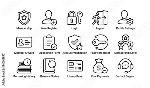 Library user icons: membership, login, profile, id, verification, settings