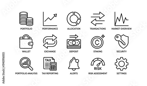 Financial icons set: portfolio, performance, allocation, transactions, market overview