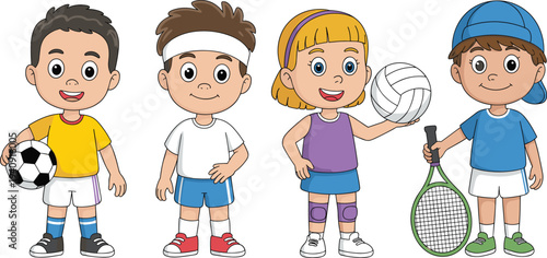 Cartoon kids playing sports collection, happy children characters with soccer ball volleyball tennis racket colorful vector illustration