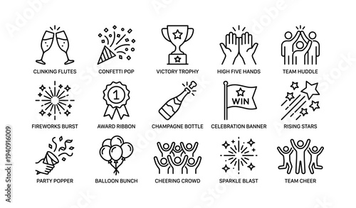 Celebration icons: trophies, confetti, balloons, and cheerful crowds