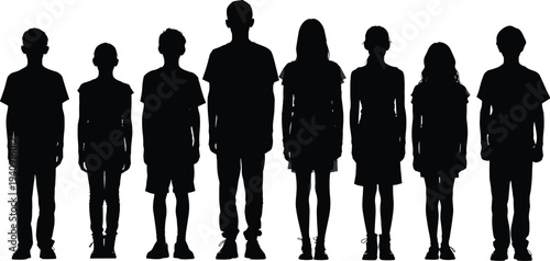 Children silhouettes collection set, kids standing group poses isolated black child people vector illustration