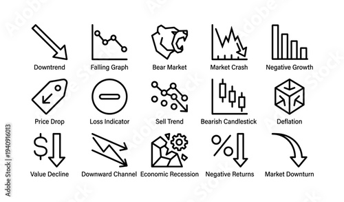 Financial market icons: downtrend, bear market, economic recession symbols