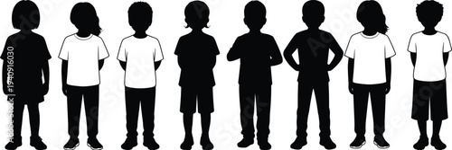 Children silhouettes collection, boys and girls standing poses, kids shadow figures isolated black vector illustration set