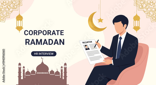 Elegant Ramadan Kareem background featuring crescent moon, glowing lanterns, and mosque silhouette with islamic geometric patterns, perfect for greeting cards, banners, and religious celebration desig