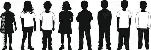 Children silhouettes collection, boys and girls standing outline set, kids black shadow figures isolated vector illustration