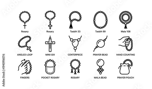 Icons of rosary, tasbih, and mala beads various styles and uses