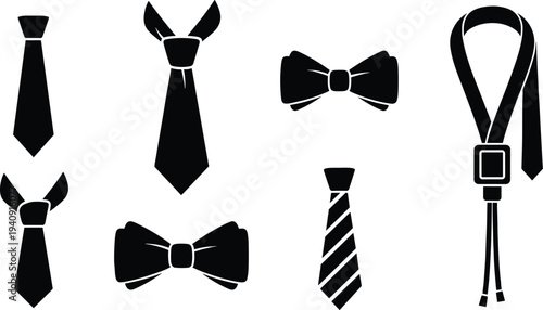 Classic necktie and bow tie collection, formal fashion accessories set, elegant menswear style icons isolated vector illustration