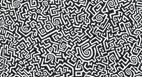 Black and White Abstract Doodle Maze Seamless Pattern Background