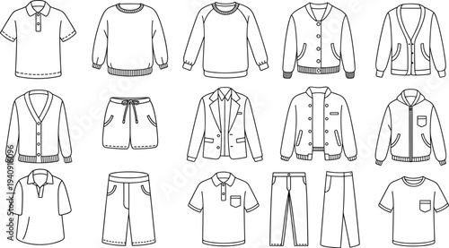 Clothing outline collection set, casual apparel shirts jackets pants shorts fashion garments isolated vector illustration