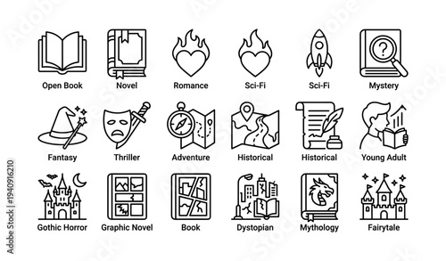 Icon set depicting literary genres including sci-fi, romance, mystery, fantasy, dystopian, mythology, and more