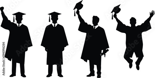 Graduate silhouettes collection set, students in graduation cap gown celebrating success education achievement vector illustration