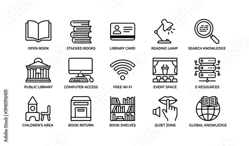 Library icons set: books, wi-fi, computer, quiet zone, knowledge search, resources