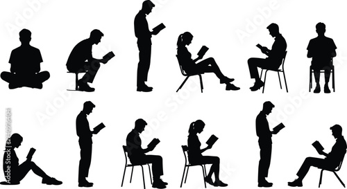 People reading book silhouettes collection, students studying in different sitting poses, education learning concept isolated vector illustration