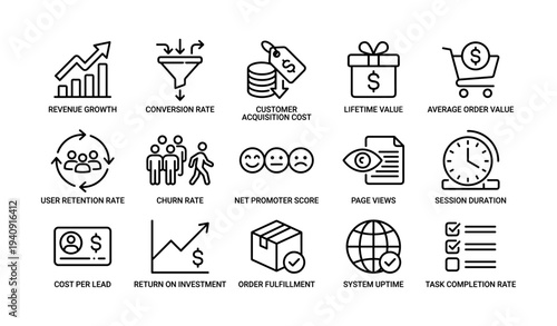 Key performance metrics icons: revenue, conversion, acquisition, churn, roi, fulfillment