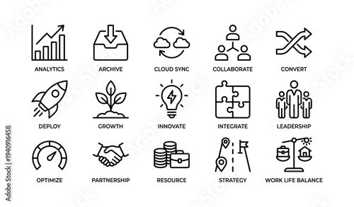 Business workflow icons: strategy, innovation, leadership, growth, collaboration