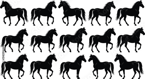 Running horse silhouettes collection, galloping stallion poses isolated black wild horse vector illustration set for design