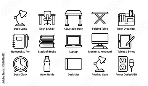 Office and study essentials: desk setup with electronics and stationery