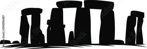 Stonehenge silhouette illustration, ancient prehistoric stone circle monument landmark, historic megalith structure isolated black vector design