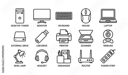 Icon set of computer accessories including desktop, laptop, and peripheral devices