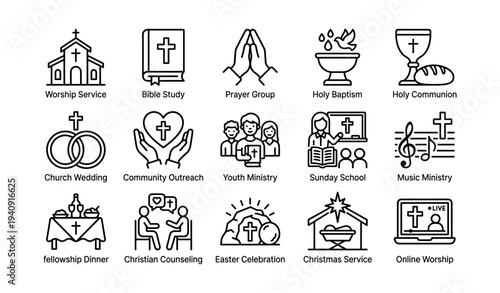 Church activities icons: worship, bible study, prayer, baptism, communion
