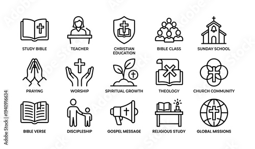 Christian education icons: study bible, worship, theology, church community symbols