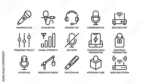 Collection of audio equipment icons featuring microphones and wireless systems
