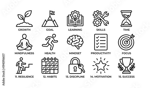 Icons illustrating growth, goal, learning, skills, time, mindset, productivity