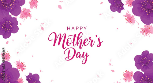 Beautiful vector graphic floral design celebrating happy mother's day with purple and pink flowers
