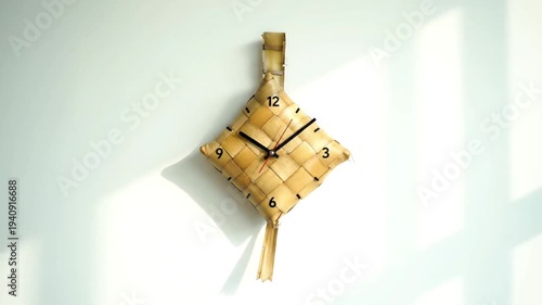Close-up of a woven bamboo clock on a white wall with natural light