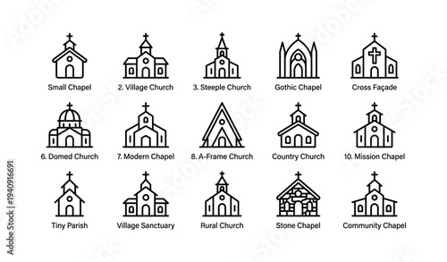 Collection of church icons: village, gothic, modern, chapel, and more