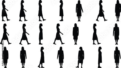 Woman walking silhouettes collection, female figures in different walking poses isolated black people vector illustration set