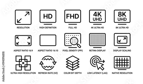 Tech icons illustrating resolution, aspect ratios, and display features