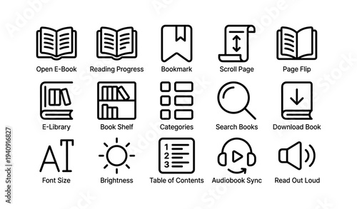 Digital reading icons set for e-books and libraries