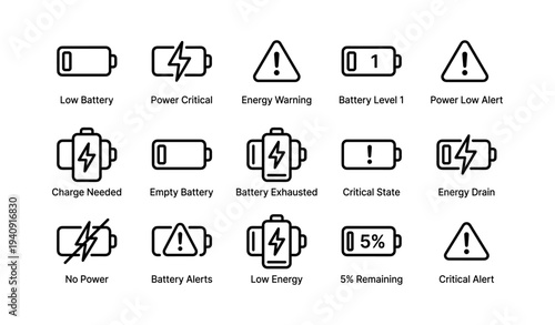 Battery status icons: low power, energy warning, charge alerts, critical levels, empty battery indicators