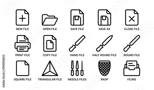 File management and tools icons collection: comprehensive set of 16 icons