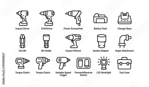 Set of 16 black and white cordless drill tool icons with accessories