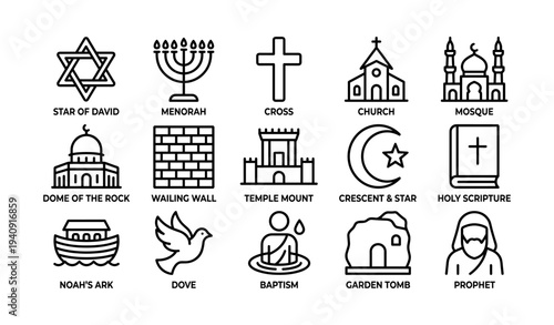 Religious symbols: star of david, menorah, cross, mosque, dome, wailing wall, temple, crescent, ark, dove