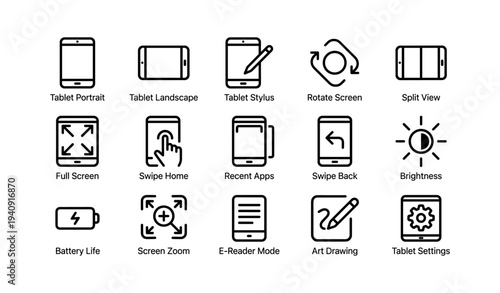 Tablet interface icons for screen orientation and settings