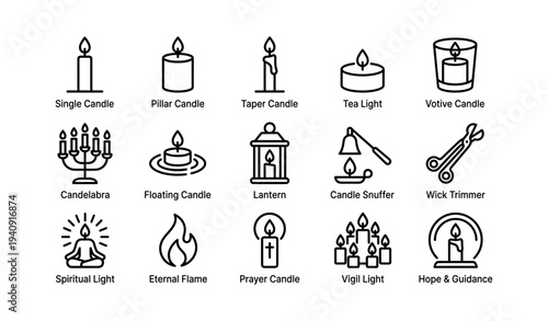 Types of candles and accessories: candelabra, lantern, snuffer, trimmer