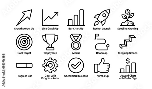 Arrow, graphs, rocket, medal, trophy, seedling: business and success icons set
