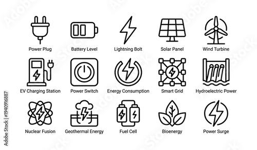 Energy icons collection: solar, wind, ev charging, smart grid, bioenergy