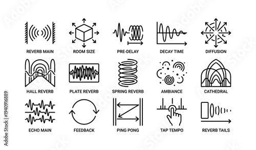 Audio effects icons: reverb, delay, diffusion, feedback, echo
