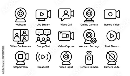 Camera icons set: webcam, video call, streaming, broadcasting symbols