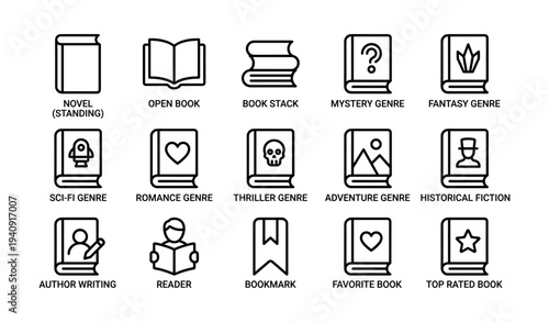 Book genre icons collection: mystery, sci-fi, fantasy, romance, adventure