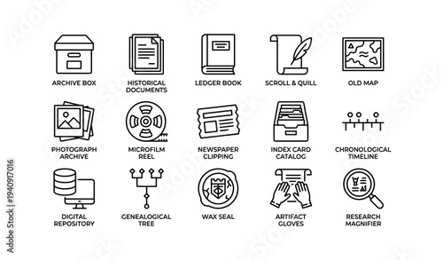Archive icons: documents, tools and research symbols for history enthusiasts