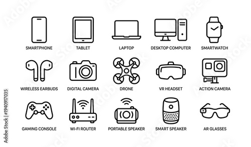 Icons of popular technology gadgets and devices