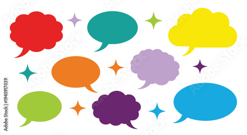 Bright vector illustration featuring a vibrant collection of speech bubbles and thought balloons with shiny stars.