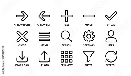 Minimalist icon set: arrows, symbols, and interface elements