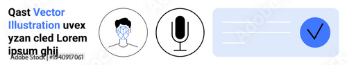 Identity verification, voice recognition, authentication, personal data, approval processes, technology integration. Face scan, microphone and blue checkmark illustrate these . Identity verification