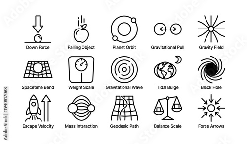 Physics concepts icons: gravity, orbits, black hole, scale, velocity symbols